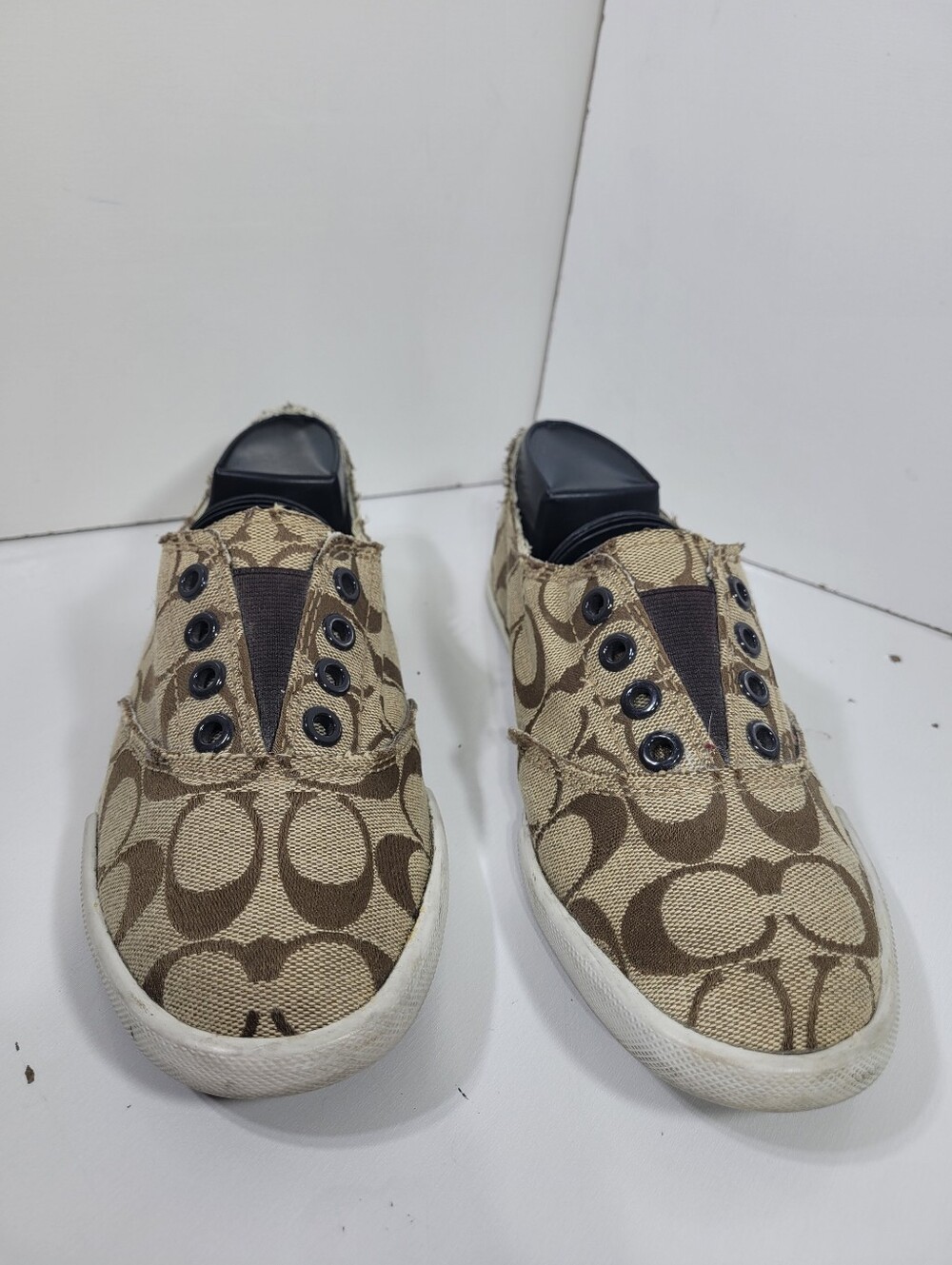 Coach Katie Women's Slip On Sneakers Size 5.5 B Brown Signature Canvas Shoes